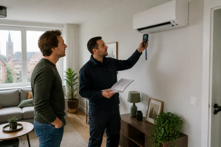 monteur legt een hoog gemonteerde wand-airco in een Zwolse woonkamer uit aan een geïnteresseerde bewoner