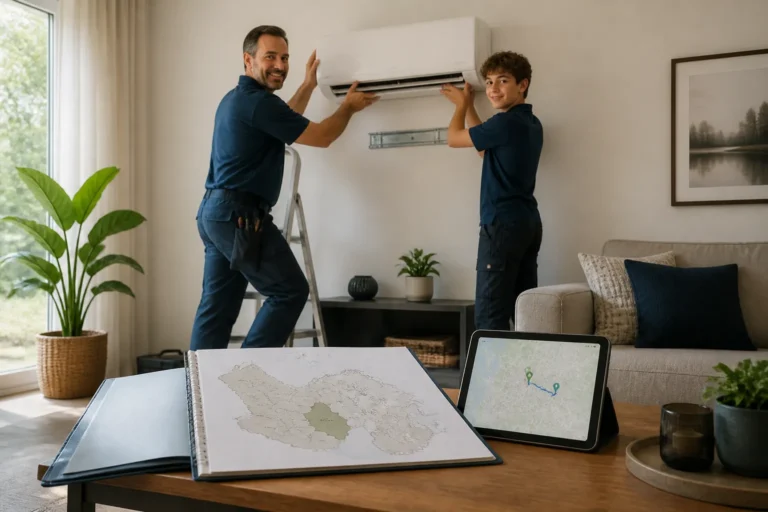 vader en zoon monteren een wandairco in een woonkamer met een plattegrond van overijssel op tafel