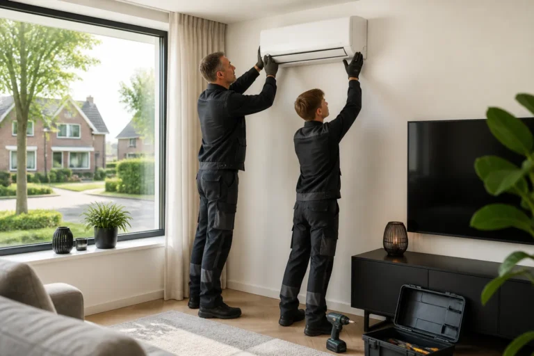 vader en zoon monteren samen een wandairco in een moderne woonkamer in overijssel