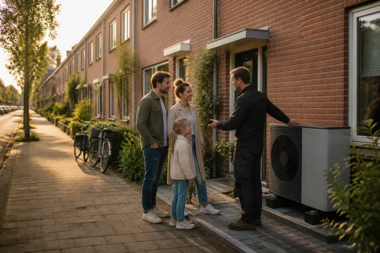gezin en installateur praten bij warmtepomp tegen bakstenen muur van rijtjeshuis in woonwijk
