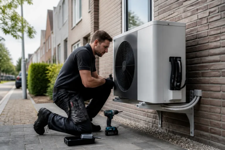 monteur installeert warmtepomp aan buitenmuur van rijtjeshuis in groene woonwijk in zwolle