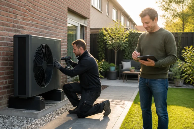 installateur en bewoner die bij een rijtjeshuis de plaatsing van een warmtepomp-unit afronden