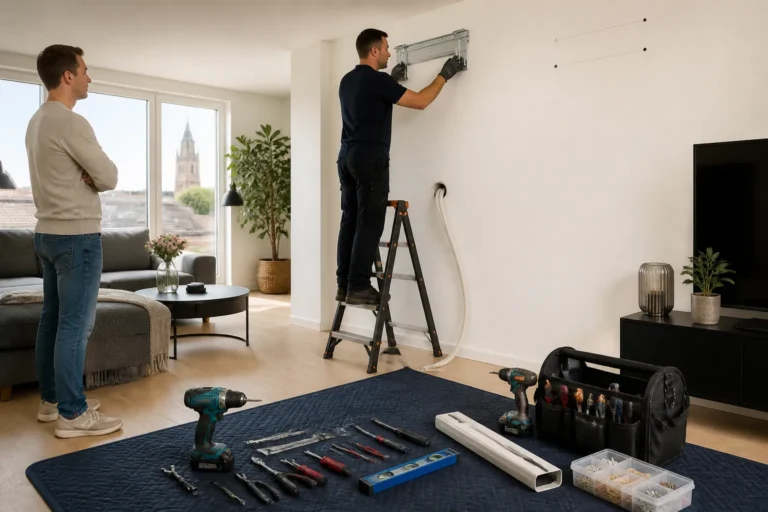 monteur op trap die wand-airco hoog aan muur in Zwolse woonkamer monteert met gereedschap op de vloer