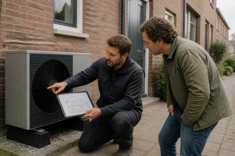 installateur legt buiten bij een rijtjeshuis de warmtepomp-unit tegen de bakstenen muur uit aan de bewoner