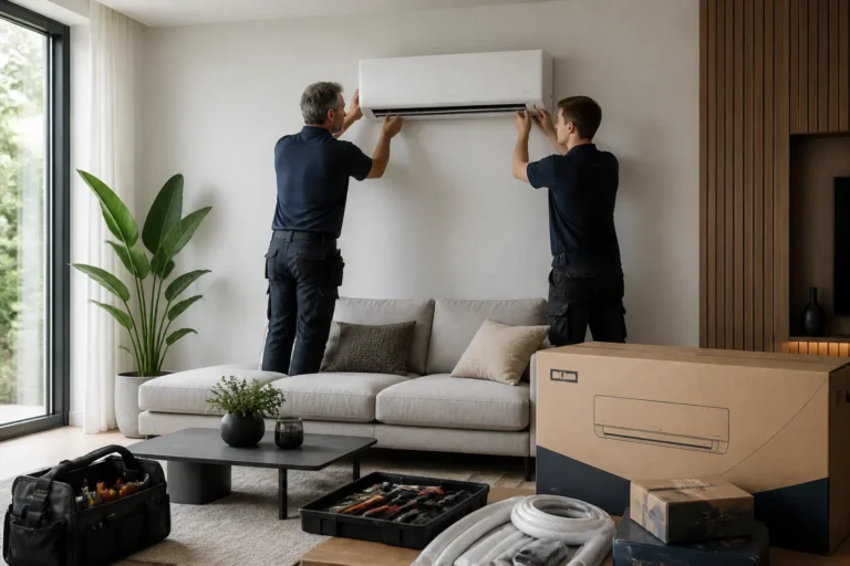 vader en zoon installeren een wandairco boven een moderne zithoek met netjes uitgestalde gereedschappen