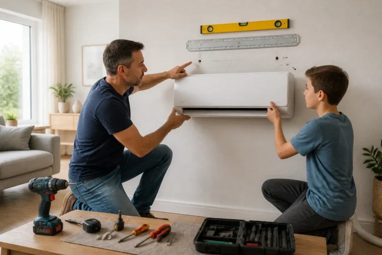 vader en zoon plaatsen samen een wandairco op een beugel in een lichte woonkamer