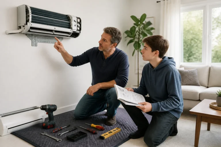 vader legt aan zijn zoon uit hoe een wandairco in de woonkamer wordt gemonteerd