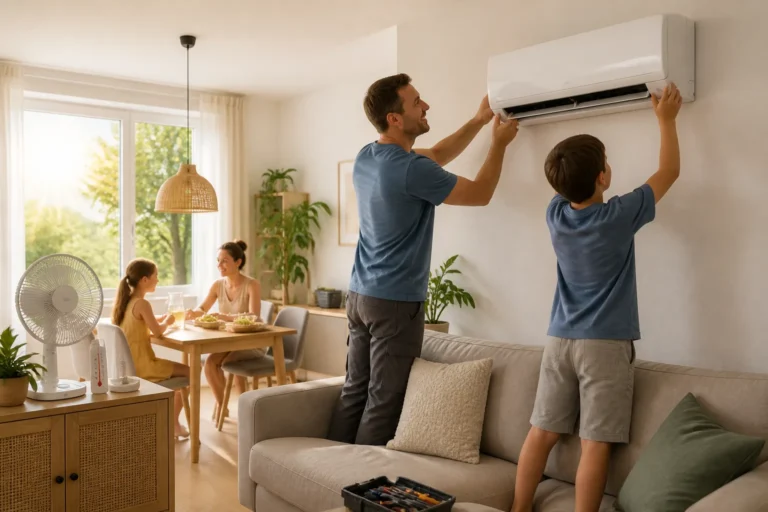 vader en zoon installeren een wandairco in een woonkamer terwijl een gezin op de achtergrond aan tafel zit