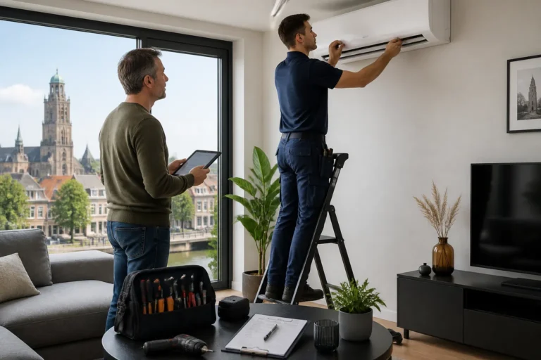 monteur bevestigt wand-airco hoog aan muur terwijl bewoner installatie op tablet afrondt