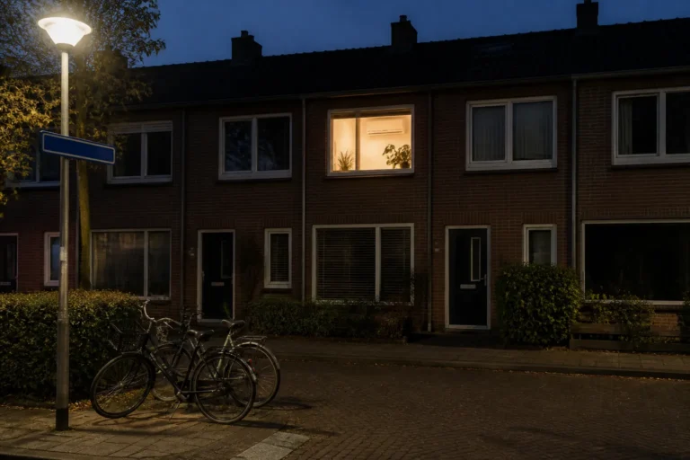 wand-airco hoog aan de muur in een verlichte Zwolse woonkamer, zichtbaar vanaf de straat tussen rijtjeshuizen