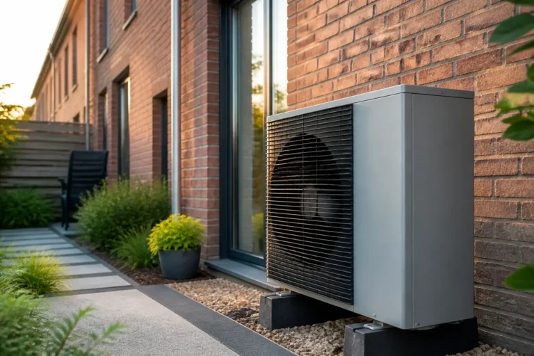 strak gemonteerde warmtepomp tegen bakstenen gevel van rijtjeshuis met nette leidingen