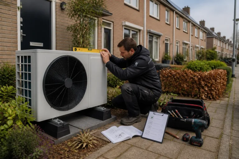 installateur stelt warmtepompunit in voortuin van rijtjeshuis in Zwolse woonwijk af met waterpas en gereedschap