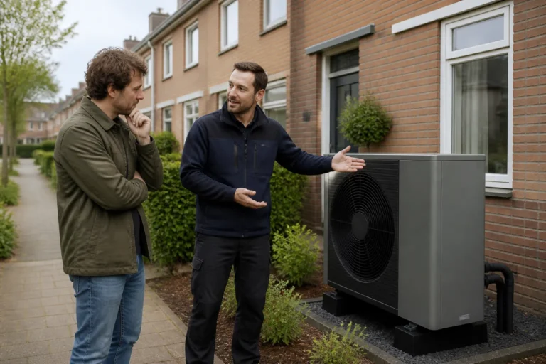 installateur legt buiten een warmtepompunit in de voortuin van een rijtjeshuis in Zwolle uit aan een bewoner