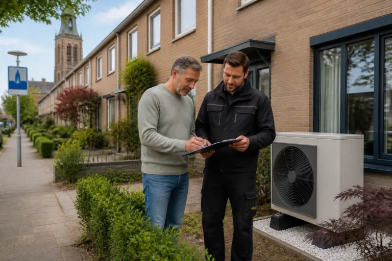 bewoner en installateur tekenen bij warmtepomp in voortuin van rijtjeshuis in zwolse woonwijk
