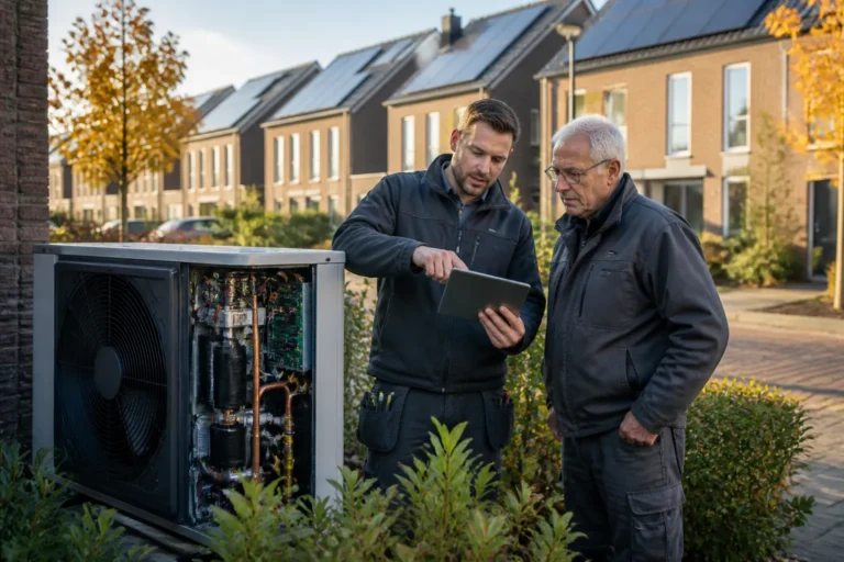 monteur en oudere collega installeren warmtepompunit in voortuin in Zwolse woonwijk