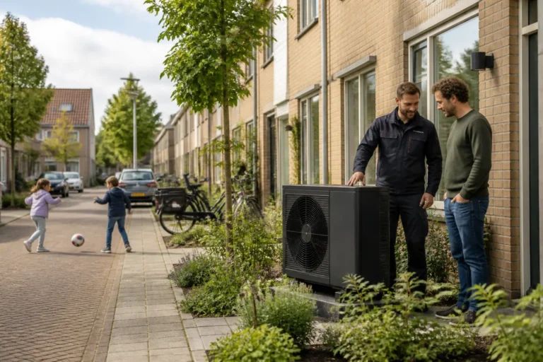 monteur en bewoner bij warmtepompunit in voortuin van rijtjeshuis in Zwolse woonwijk met spelende kinderen op straat