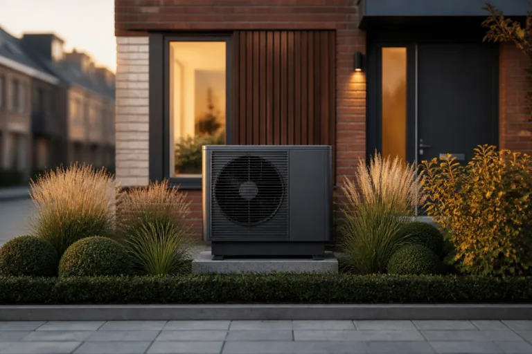 moderne warmtepompunit in een verzorgde voortuin van een rijtjeshuis in een zwolse woonwijk