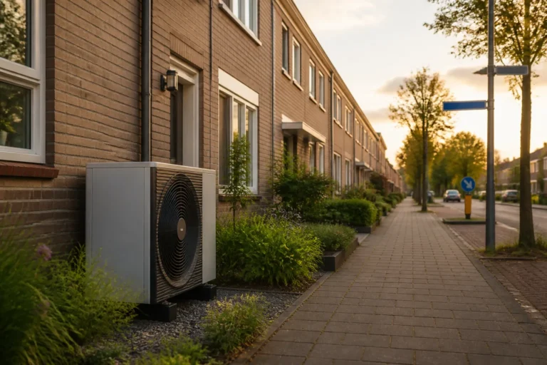 warmtepompunit in voortuin van rijtjeshuis aan Zwolse straat met stoep en wegwijzer