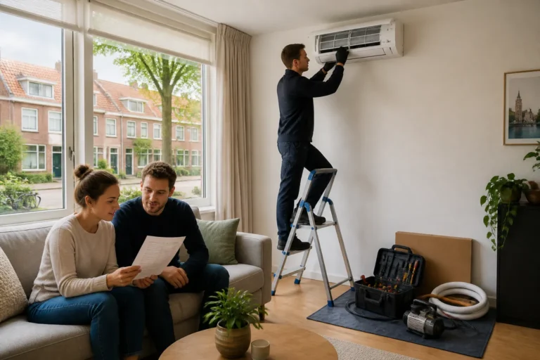monteur controleert wand-airco hoog aan de muur terwijl stel op bank naar offerte kijkt in zwolse woonkamer