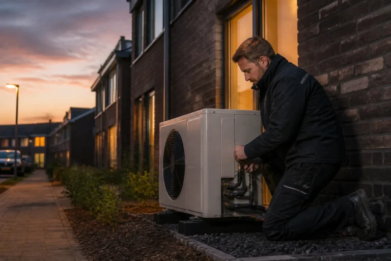 monteur controleert een warmtepomp naast een rijtjeshuis in een Zwolse woonwijk bij avondlicht